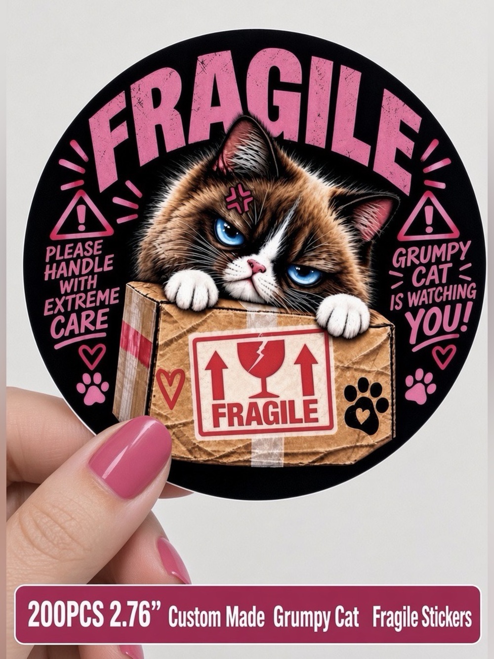 200PC 2.76” Fragile Grumpy Cat Stickers